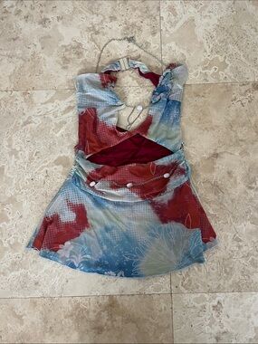 Multicolor Halter Tie-Back Mini Dress - Blue & Red